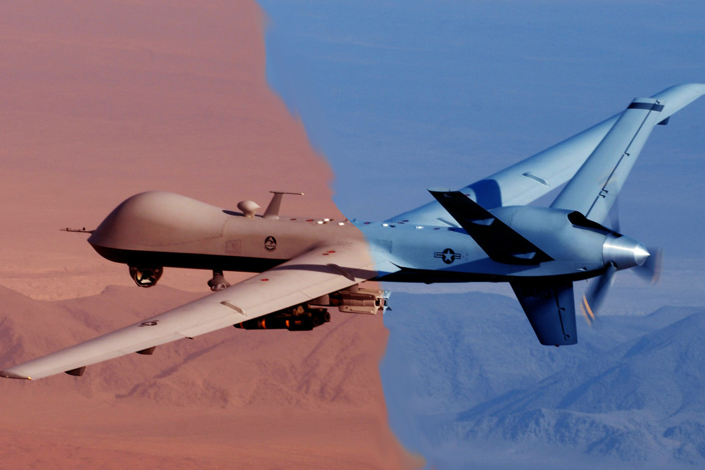 This undated handout photo provided by the U.S. Air Force shows a MQ-9 Reaper, armed with GBU-12 Paveway II laser guided munitions and AGM-114 Hellfire missiles, piloted by Col. Lex Turner during a combat mission over southern Afghanistan. (AP Photo/Lt. Col.. Leslie Pratt, US Air Force) 